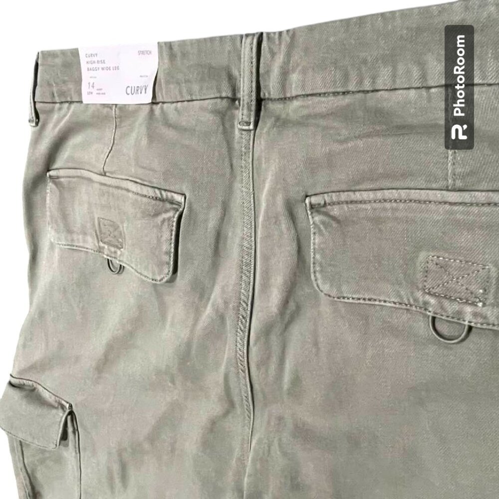 American Eagle NWT Cargo Curvy Stretch High-Rise Baggy Wide Leg Army Gre… - Picture 7 of 16